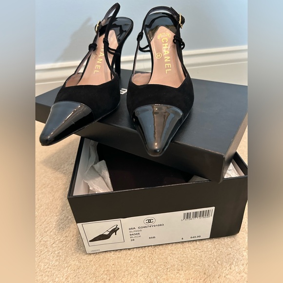 CHANEL Black Patent Toe Suede Slingback Pumps - Picture 5 of 10